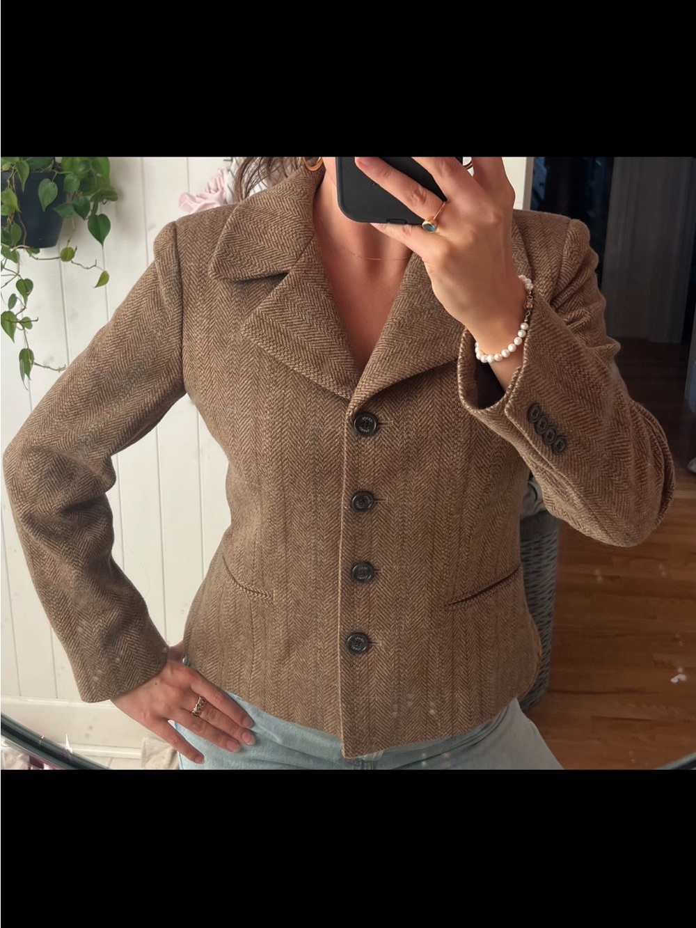 Chaps Tailored Brown Herringbone Women's Blazer Jacket large